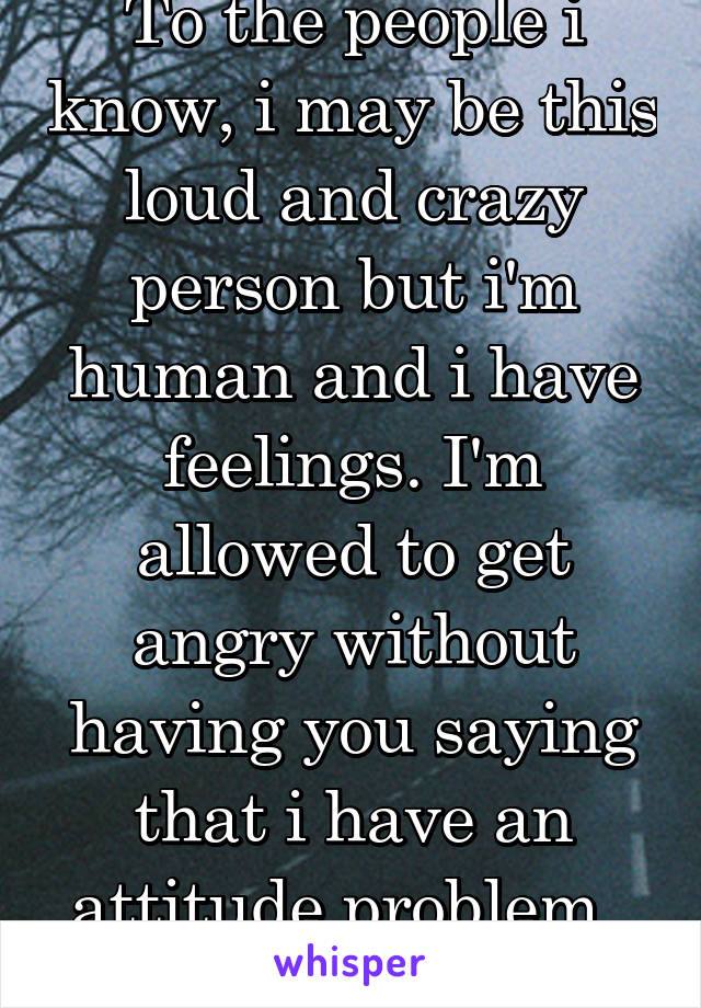 To the people i know, i may be this loud and crazy person but i'm human and i have feelings. I'm allowed to get angry without having you saying that i have an attitude problem .
