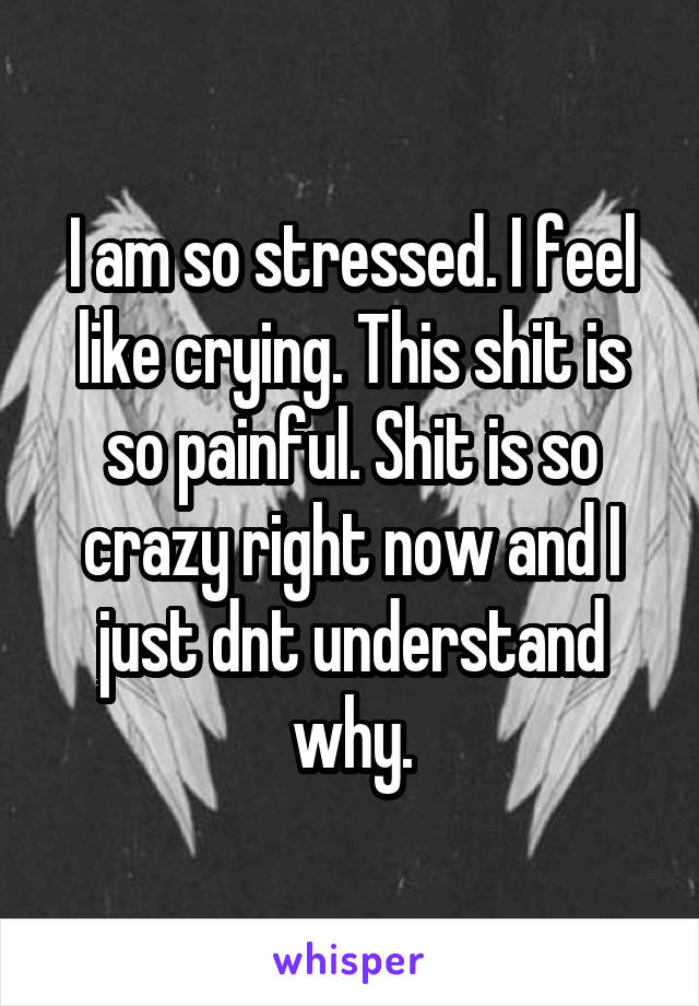 I am so stressed. I feel like crying. This shit is so painful. Shit is so crazy right now and I just dnt understand why.