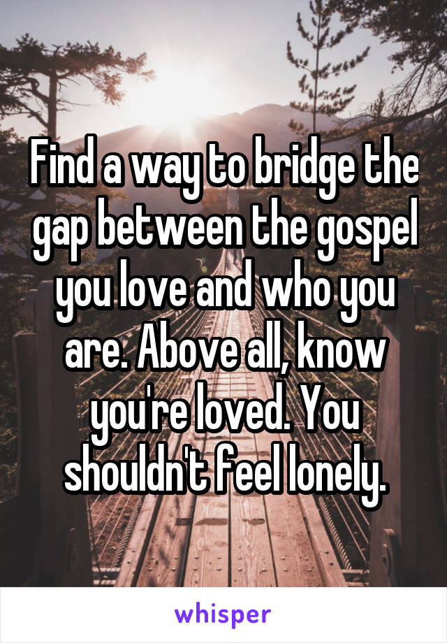 Find a way to bridge the gap between the gospel you love and who you are. Above all, know you're loved. You shouldn't feel lonely.