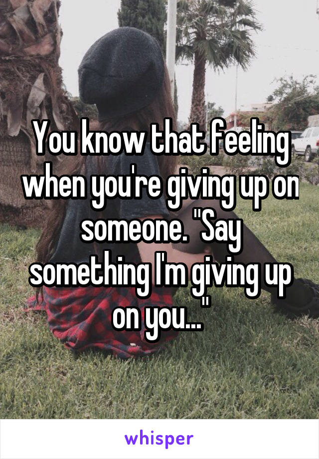 You know that feeling when you're giving up on someone. "Say something I'm giving up on you..."