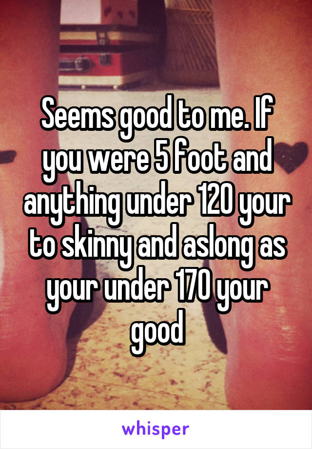 Seems good to me. If you were 5 foot and anything under 120 your to skinny and aslong as your under 170 your good