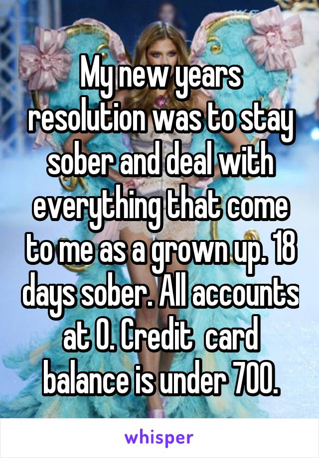 My new years resolution was to stay sober and deal with everything that come to me as a grown up. 18 days sober. All accounts at 0. Credit  card balance is under 700.