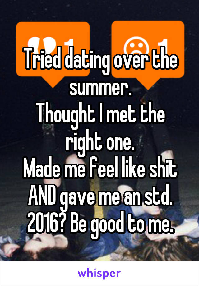 Tried dating over the summer.
Thought I met the right one.
Made me feel like shit AND gave me an std.
2016? Be good to me.