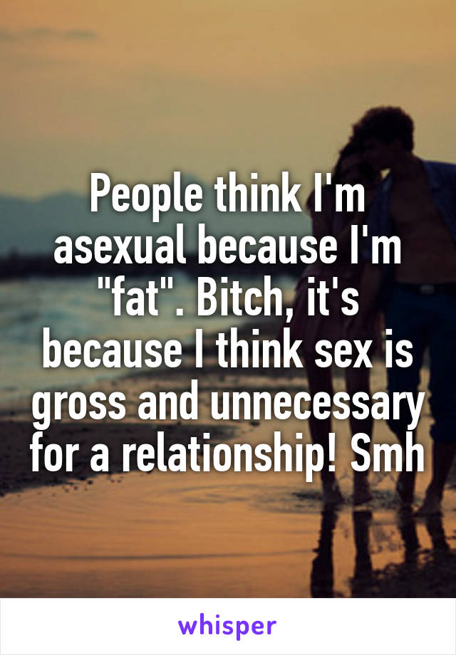 People think I'm asexual because I'm "fat". Bitch, it's because I think sex is gross and unnecessary for a relationship! Smh