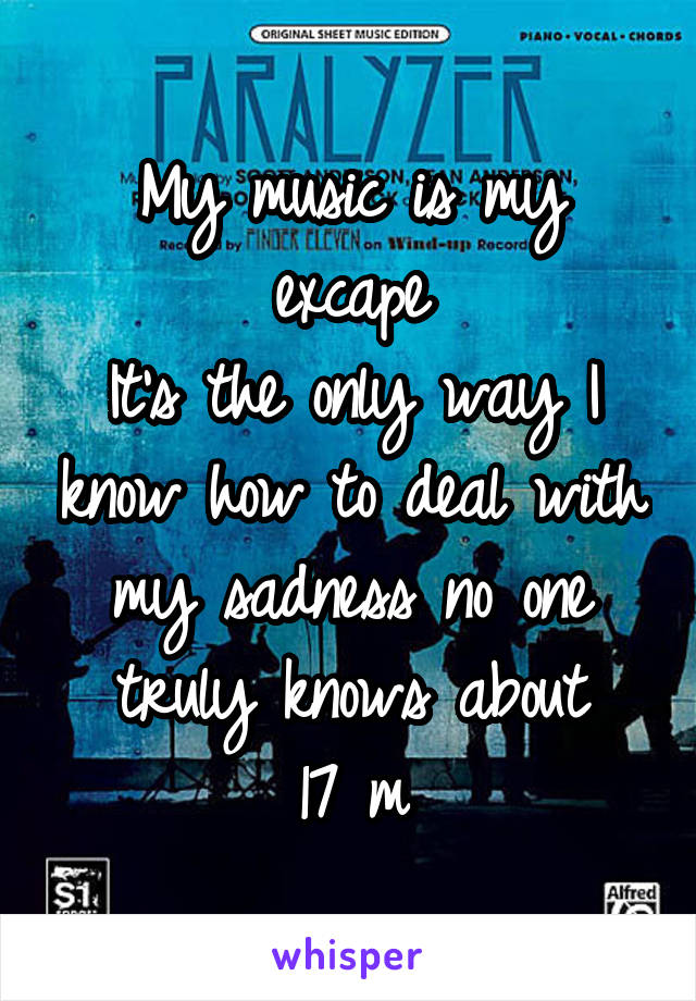 My music is my excape
It's the only way I know how to deal with my sadness no one truly knows about
17 m