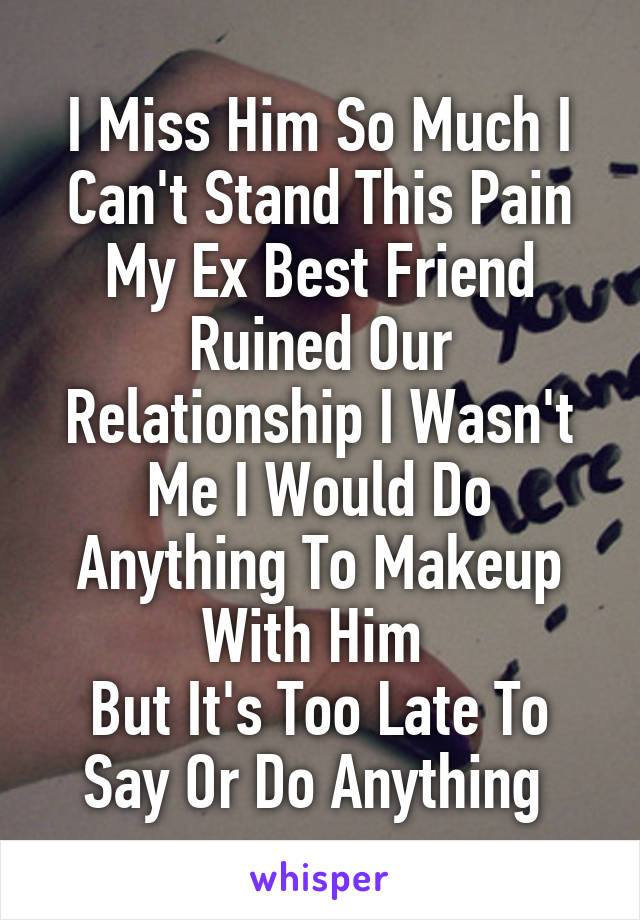 I Miss Him So Much I Can't Stand This Pain
My Ex Best Friend Ruined Our Relationship I Wasn't Me I Would Do Anything To Makeup With Him 
But It's Too Late To Say Or Do Anything 