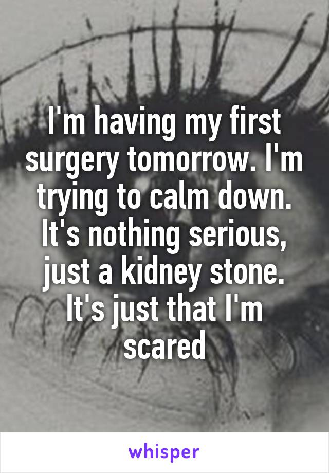 I'm having my first surgery tomorrow. I'm trying to calm down. It's nothing serious, just a kidney stone. It's just that I'm scared
