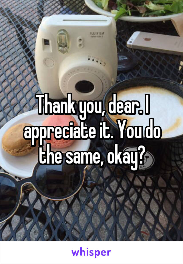 Thank you, dear. I appreciate it. You do the same, okay?