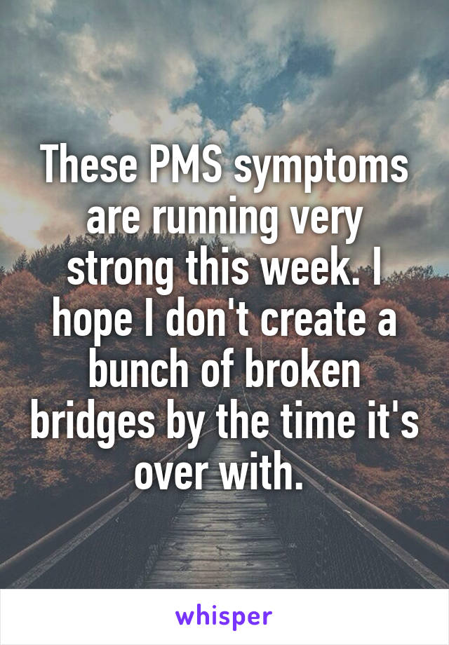 These PMS symptoms are running very strong this week. I hope I don't create a bunch of broken bridges by the time it's over with. 