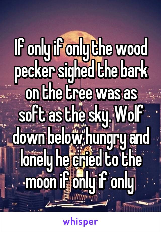 If only if only the wood pecker sighed the bark on the tree was as soft as the sky. Wolf down below hungry and lonely he cried to the moon if only if only 
