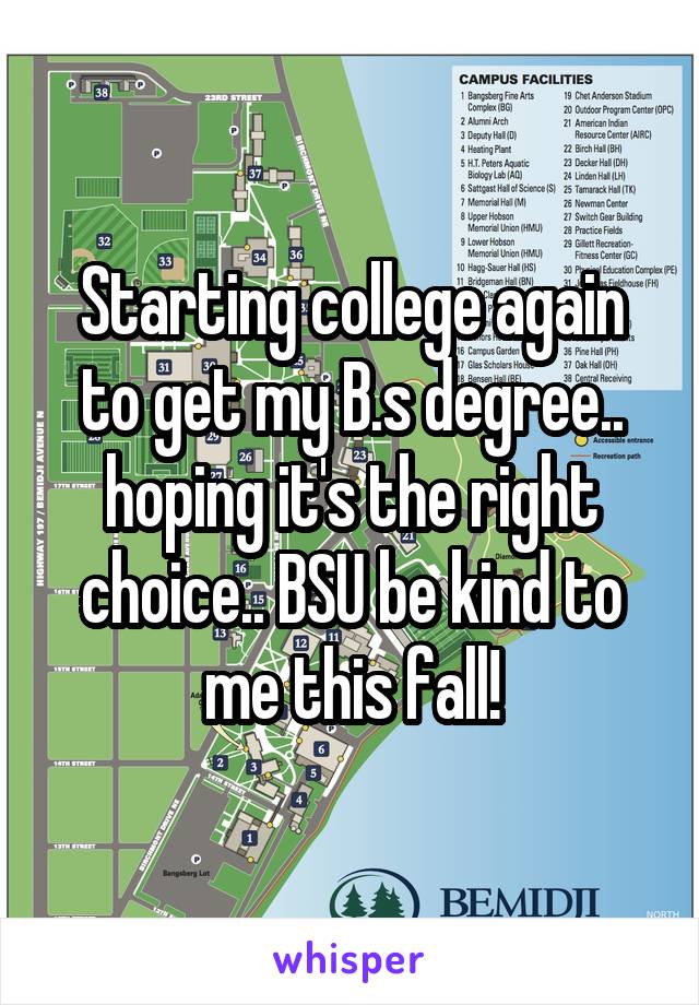 Starting college again to get my B.s degree.. hoping it's the right choice.. BSU be kind to me this fall!