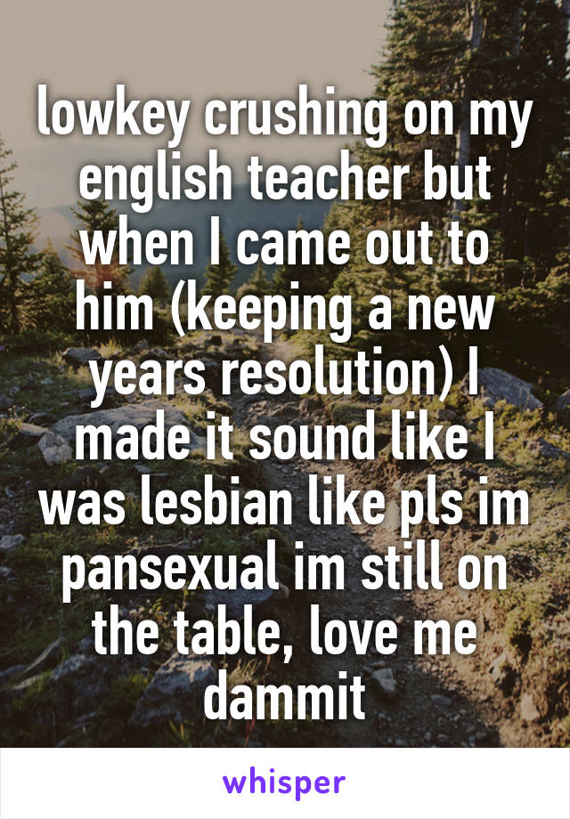 lowkey crushing on my english teacher but when I came out to him (keeping a new years resolution) I made it sound like I was lesbian like pls im pansexual im still on the table, love me dammit
