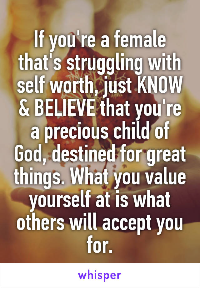 If you're a female that's struggling with self worth, just KNOW & BELIEVE that you're a precious child of God, destined for great things. What you value yourself at is what others will accept you for.