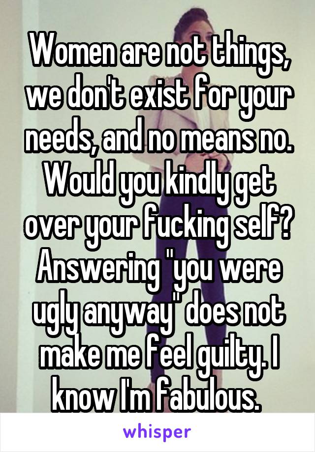 Women are not things, we don't exist for your needs, and no means no. Would you kindly get over your fucking self? Answering "you were ugly anyway" does not make me feel guilty. I know I'm fabulous. 