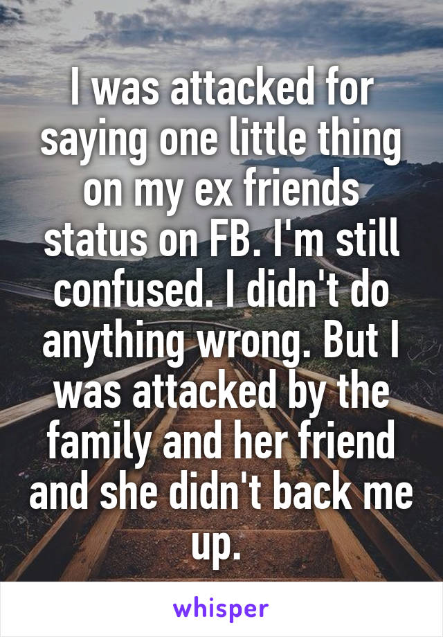 I was attacked for saying one little thing on my ex friends status on FB. I'm still confused. I didn't do anything wrong. But I was attacked by the family and her friend and she didn't back me up. 