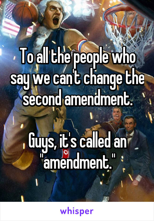 To all the people who say we can't change the second amendment.

Guys, it's called an "amendment."