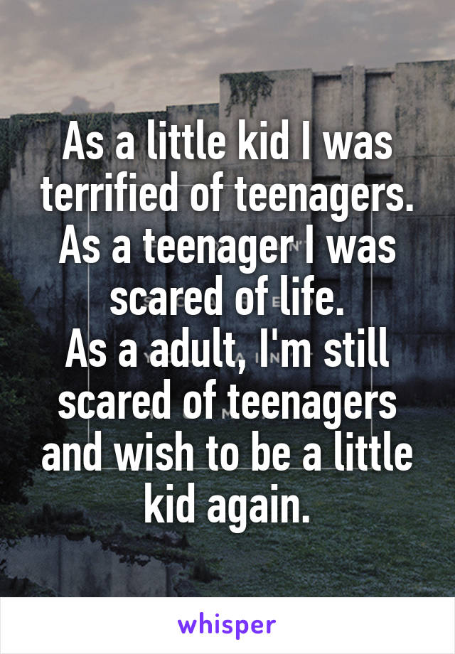 As a little kid I was terrified of teenagers.
As a teenager I was scared of life.
As a adult, I'm still scared of teenagers and wish to be a little kid again.