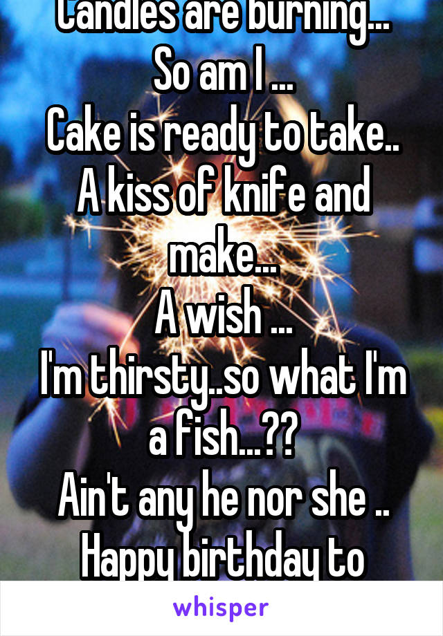 Candles are burning...
So am I ...
Cake is ready to take..
A kiss of knife and make...
A wish ...
I'm thirsty..so what I'm a fish...??
Ain't any he nor she ..
Happy birthday to me..!!