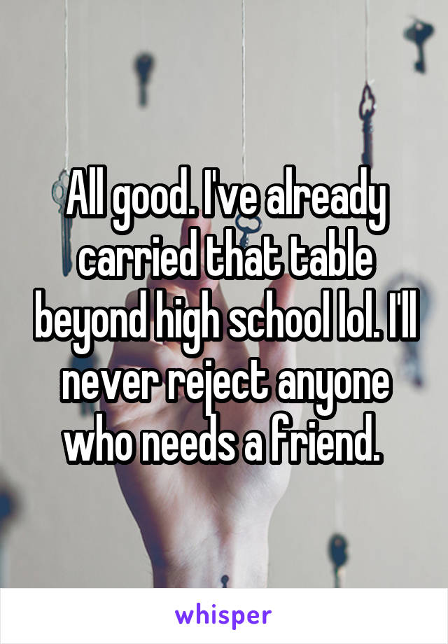 All good. I've already carried that table beyond high school lol. I'll never reject anyone who needs a friend. 