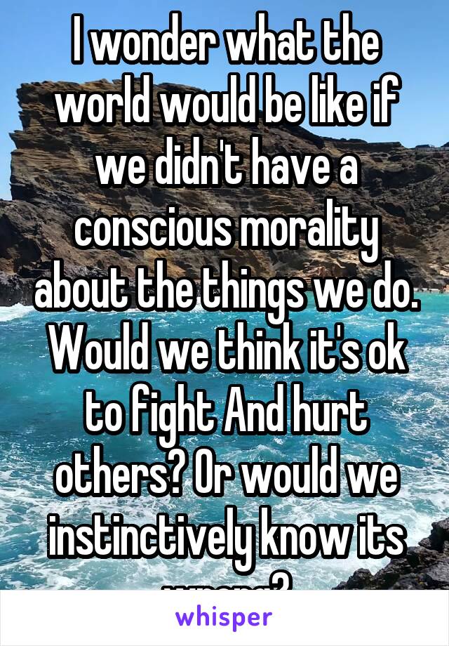 I wonder what the world would be like if we didn't have a conscious morality about the things we do. Would we think it's ok to fight And hurt others? Or would we instinctively know its wrong?