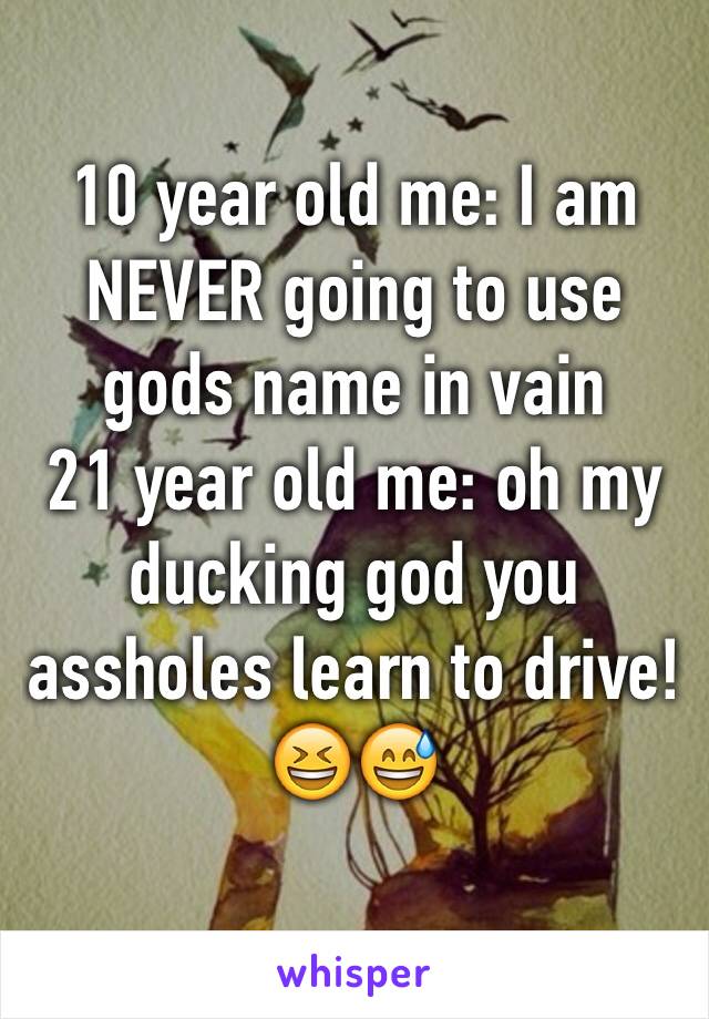 10 year old me: I am NEVER going to use gods name in vain
21 year old me: oh my ducking god you assholes learn to drive!
😆😅