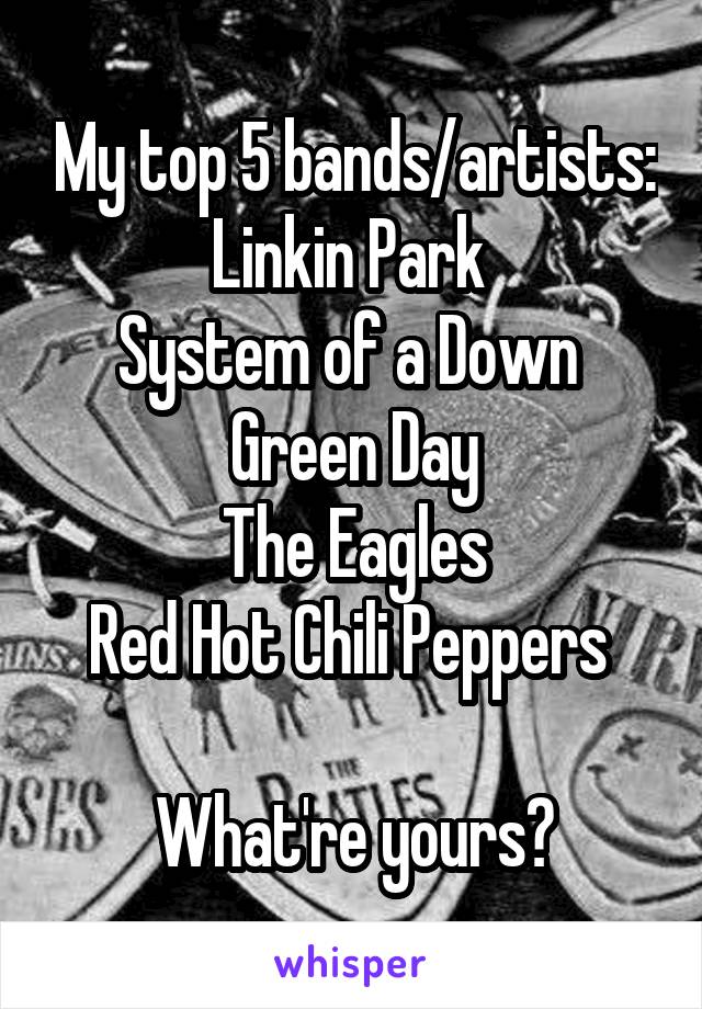 My top 5 bands/artists:
Linkin Park 
System of a Down 
Green Day
The Eagles
Red Hot Chili Peppers 

What're yours?