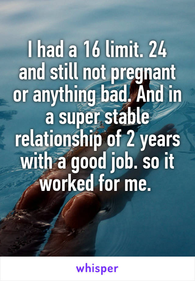 I had a 16 limit. 24 and still not pregnant or anything bad. And in a super stable relationship of 2 years with a good job. so it worked for me. 

