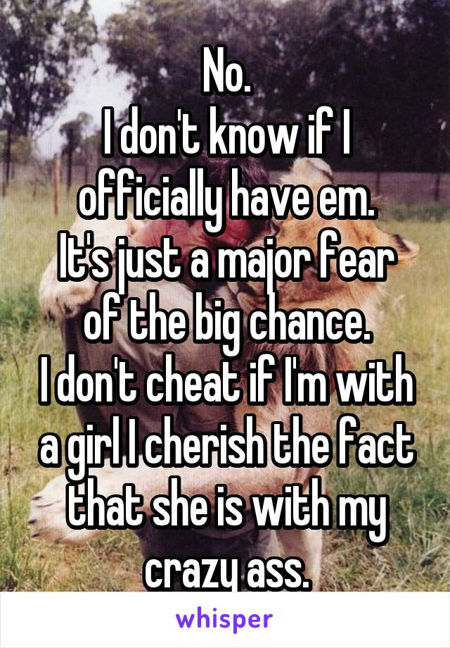 No.
I don't know if I officially have em.
It's just a major fear of the big chance.
I don't cheat if I'm with a girl I cherish the fact that she is with my crazy ass.
