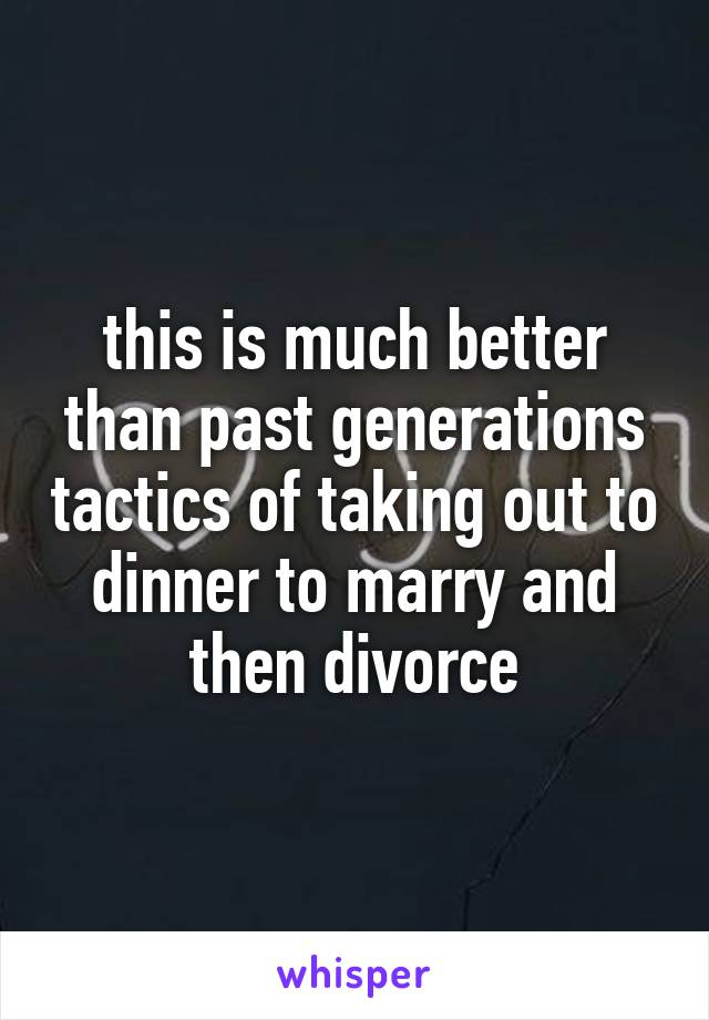 this is much better than past generations tactics of taking out to dinner to marry and then divorce