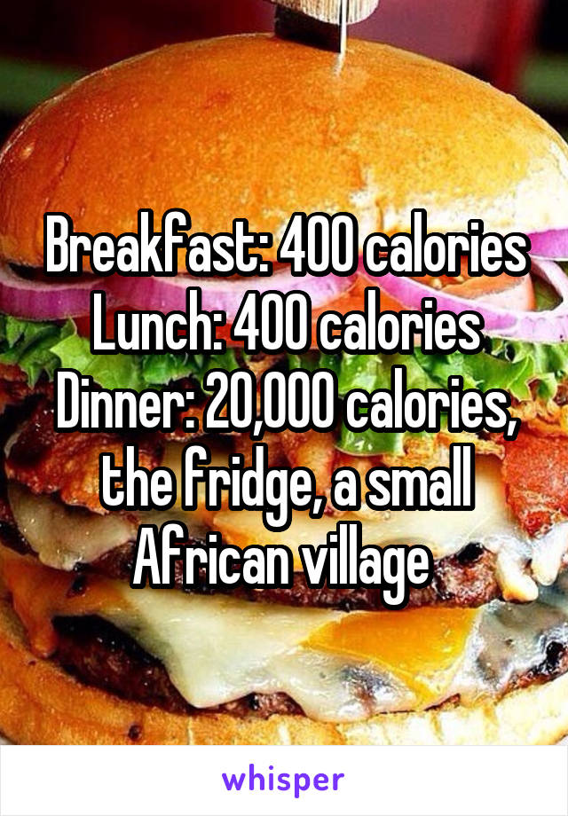 Breakfast: 400 calories Lunch: 400 calories Dinner: 20,000 calories, the fridge, a small African village 