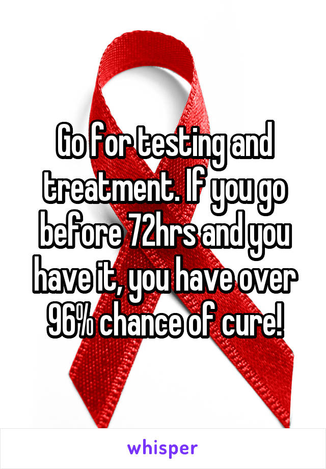 Go for testing and treatment. If you go before 72hrs and you have it, you have over 96% chance of cure!