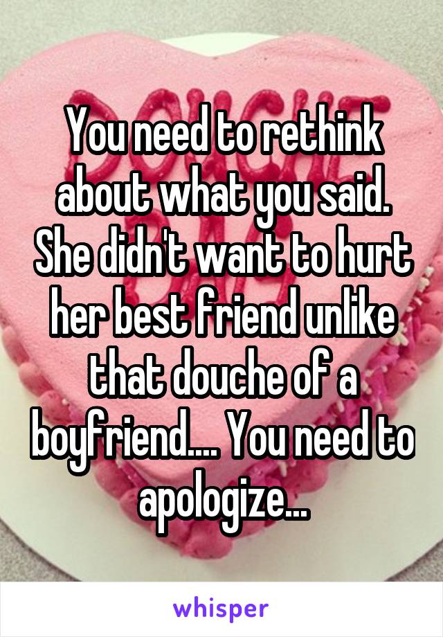 You need to rethink about what you said. She didn't want to hurt her best friend unlike that douche of a boyfriend.... You need to apologize...