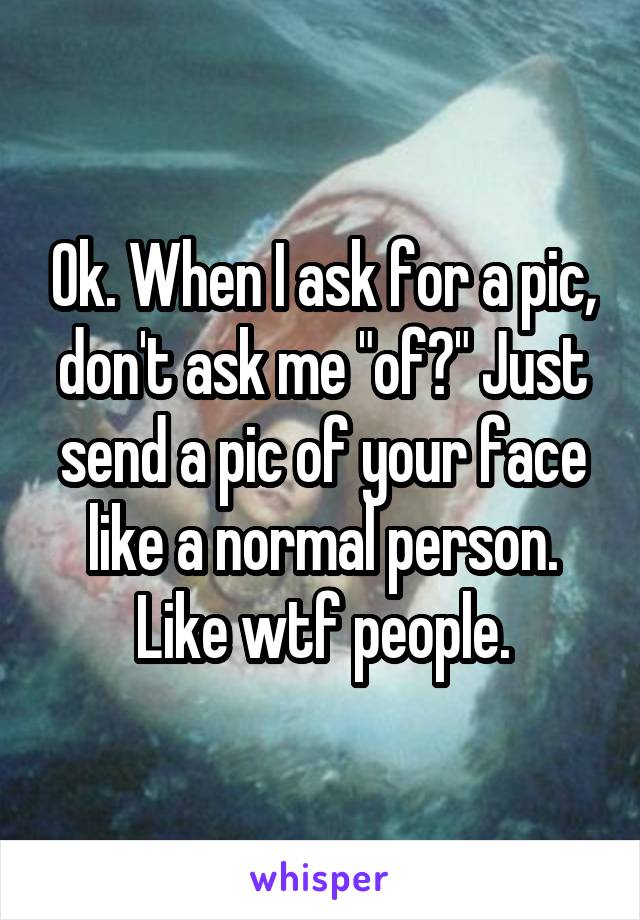Ok. When I ask for a pic, don't ask me "of?" Just send a pic of your face like a normal person. Like wtf people.