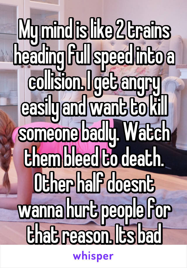 My mind is like 2 trains heading full speed into a collision. I get angry easily and want to kill someone badly. Watch them bleed to death. Other half doesnt wanna hurt people for that reason. Its bad