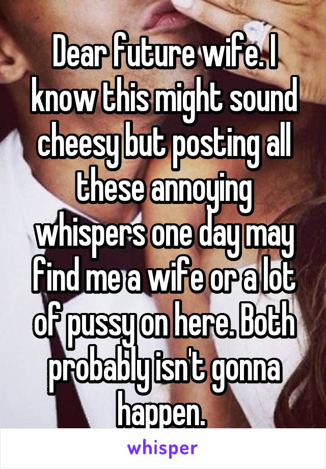 Dear future wife. I know this might sound cheesy but posting all these annoying whispers one day may find me a wife or a lot of pussy on here. Both probably isn't gonna happen. 