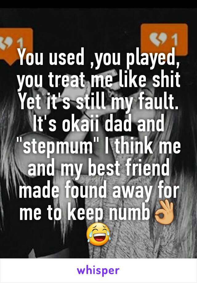 You used ,you played, you treat me like shit
Yet it's still my fault.
It's okaii dad and "stepmum" I think me and my best friend made found away for me to keep numb👌😂

