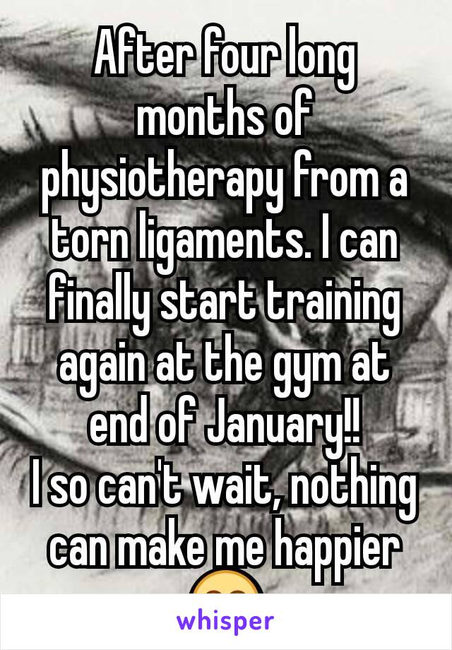 After four long months of physiotherapy from a torn ligaments. I can finally start training again at the gym at end of January!!
I so can't wait, nothing can make me happier 😁