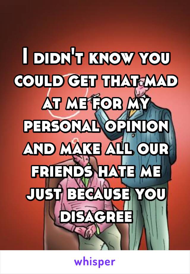 I didn't know you could get that mad at me for my personal opinion and make all our friends hate me just because you disagree