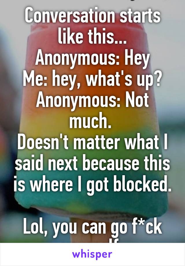 Conversation starts like this...
Anonymous: Hey
Me: hey, what's up?
Anonymous: Not much. 
Doesn't matter what I said next because this is where I got blocked. 
Lol, you can go f*ck yourself.