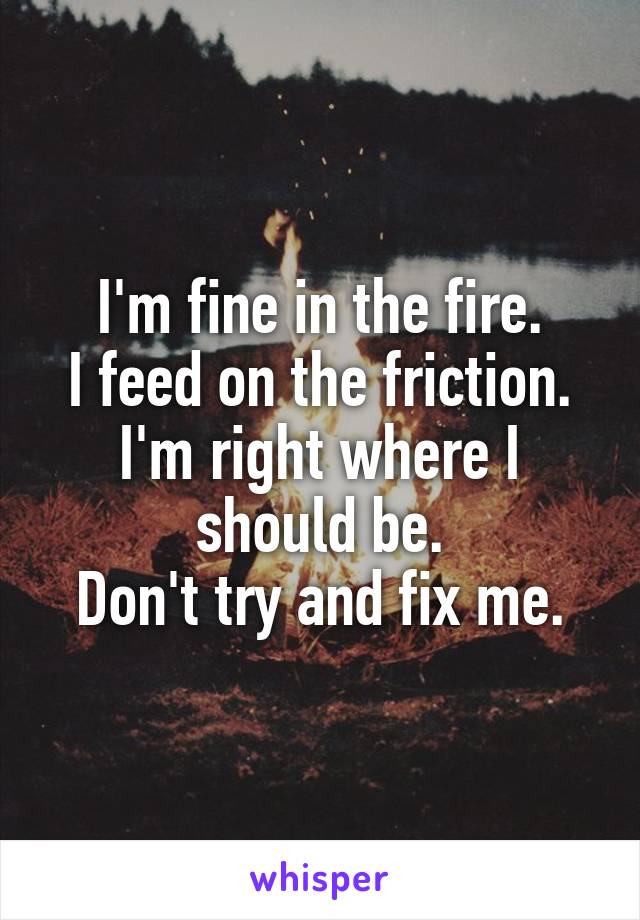 I'm fine in the fire.
I feed on the friction.
I'm right where I should be.
Don't try and fix me.
