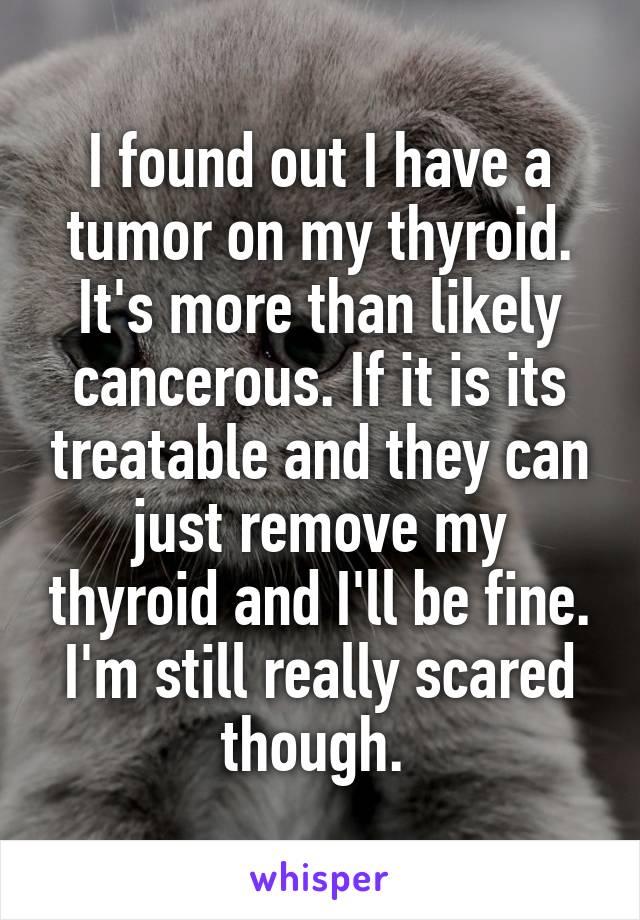 I found out I have a tumor on my thyroid. It's more than likely cancerous. If it is its treatable and they can just remove my thyroid and I'll be fine. I'm still really scared though. 