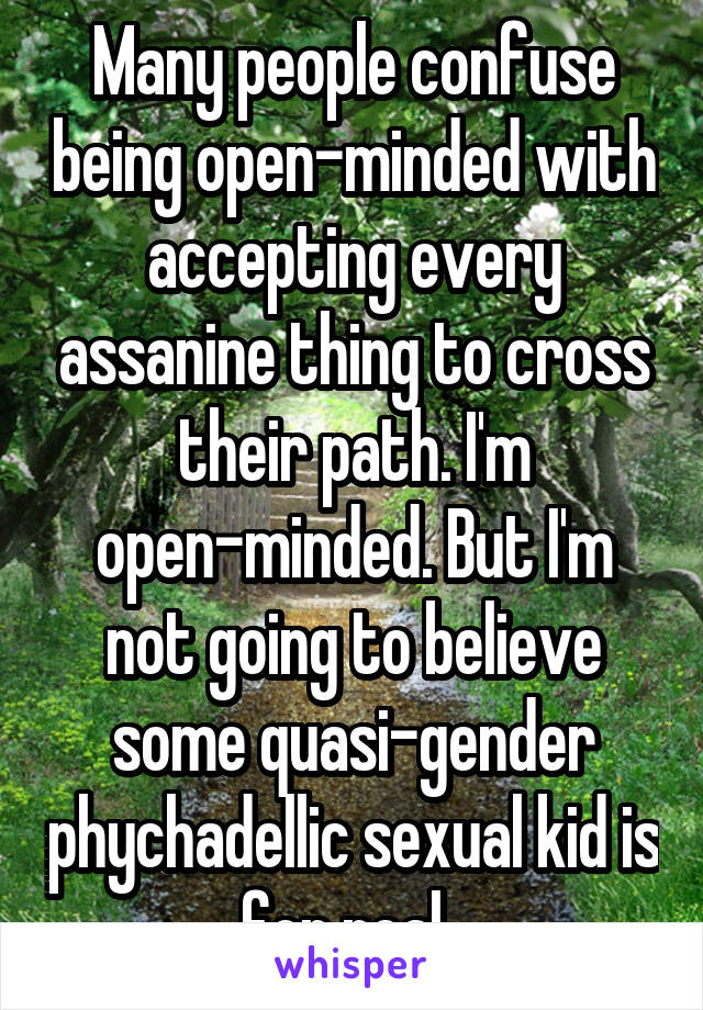 Many people confuse being open-minded with accepting every assanine thing to cross their path. I'm open-minded. But I'm not going to believe some quasi-gender phychadellic sexual kid is for real. 
