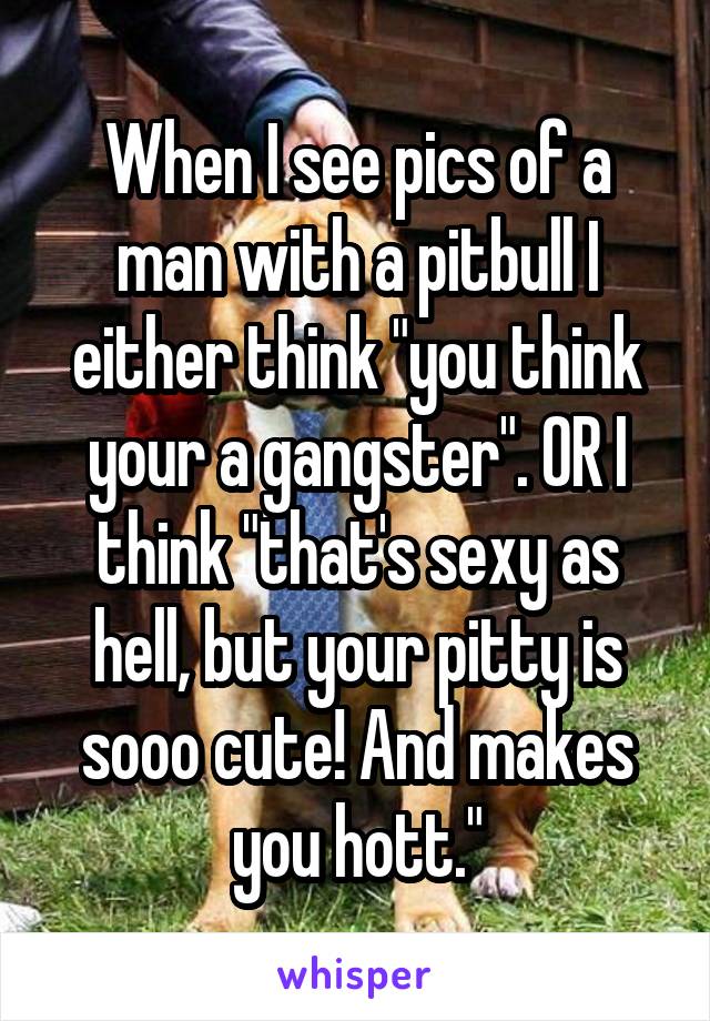 When I see pics of a man with a pitbull I either think "you think your a gangster". OR I think "that's sexy as hell, but your pitty is sooo cute! And makes you hott."