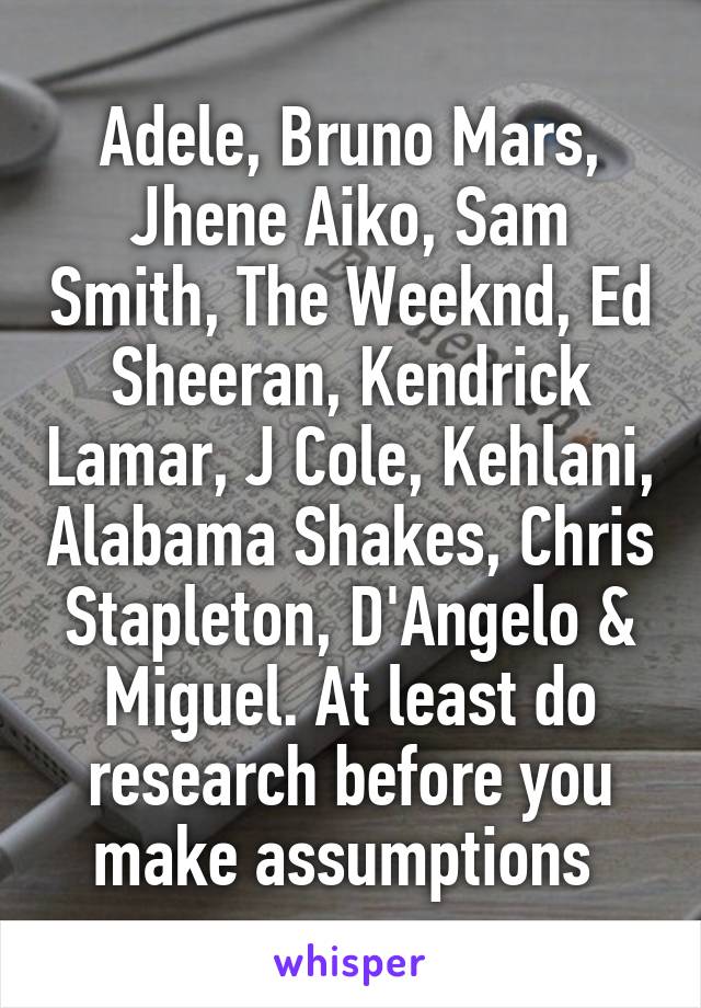 Adele, Bruno Mars, Jhene Aiko, Sam Smith, The Weeknd, Ed Sheeran, Kendrick Lamar, J Cole, Kehlani, Alabama Shakes, Chris Stapleton, D'Angelo & Miguel. At least do research before you make assumptions 