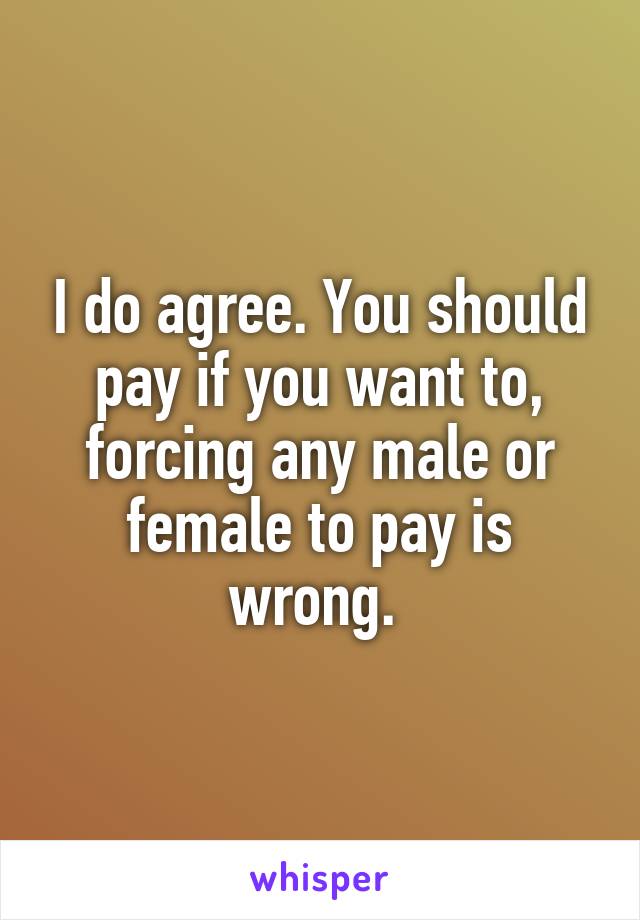 I do agree. You should pay if you want to, forcing any male or female to pay is wrong. 