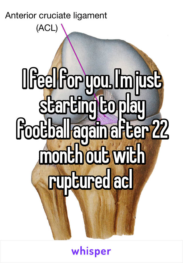 I feel for you. I'm just starting to play football again after 22 month out with ruptured acl 