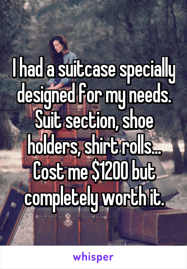 I had a suitcase specially designed for my needs. Suit section, shoe holders, shirt rolls... Cost me $1200 but completely worth it.
