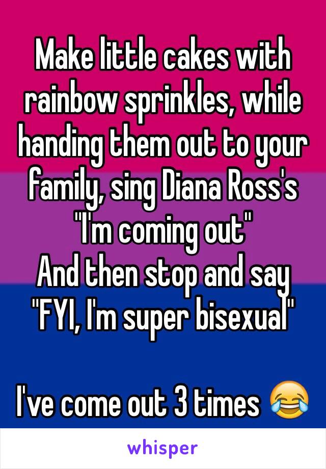 Make little cakes with rainbow sprinkles, while handing them out to your family, sing Diana Ross's  "I'm coming out"
And then stop and say
"FYI, I'm super bisexual" 

I've come out 3 times 😂