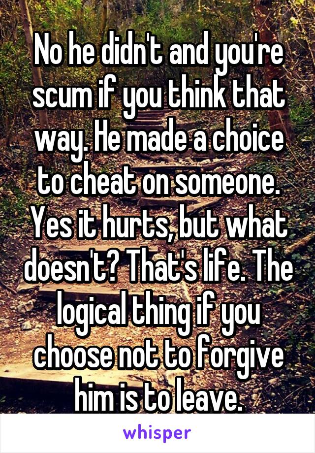 No he didn't and you're scum if you think that way. He made a choice to cheat on someone. Yes it hurts, but what doesn't? That's life. The logical thing if you choose not to forgive him is to leave.