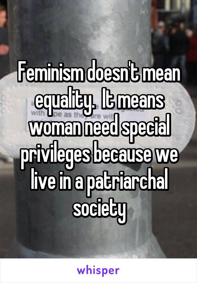 Feminism doesn't mean equality.  It means woman need special privileges because we live in a patriarchal society